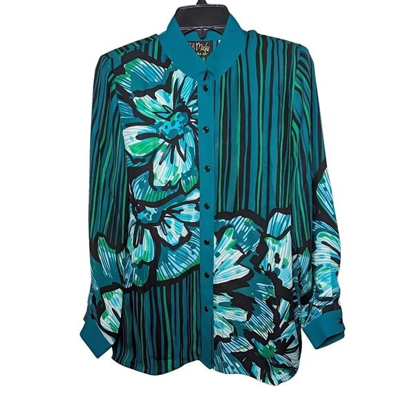 Bob Mackie Wearable Art Teal Blue Green Silk Floral Striped Button-Up Blouse XS - Picture 1 of 7